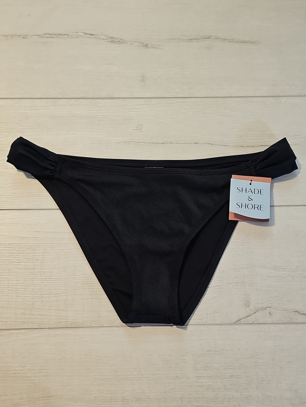 Shade & Shore Women's L High Shine Solid Black Tunneled Bikini Bottom